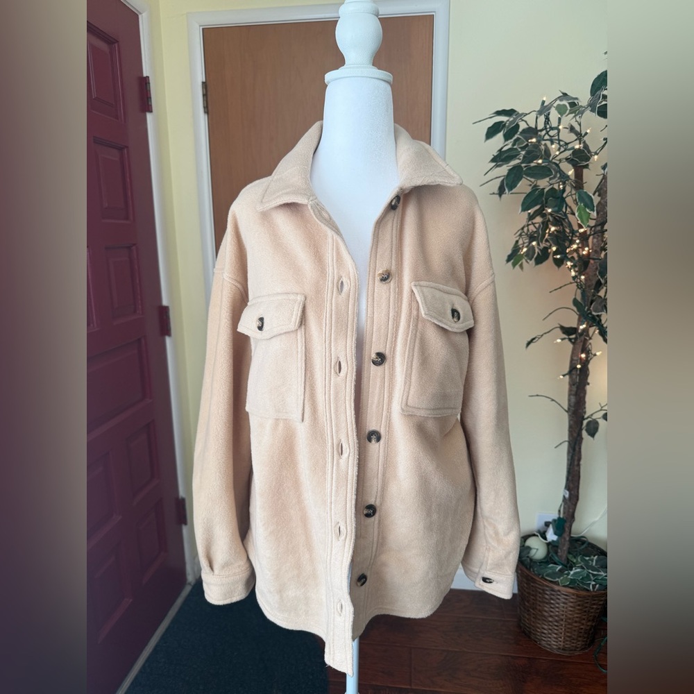 Active USA Beige Button-Up Fleece Shacket